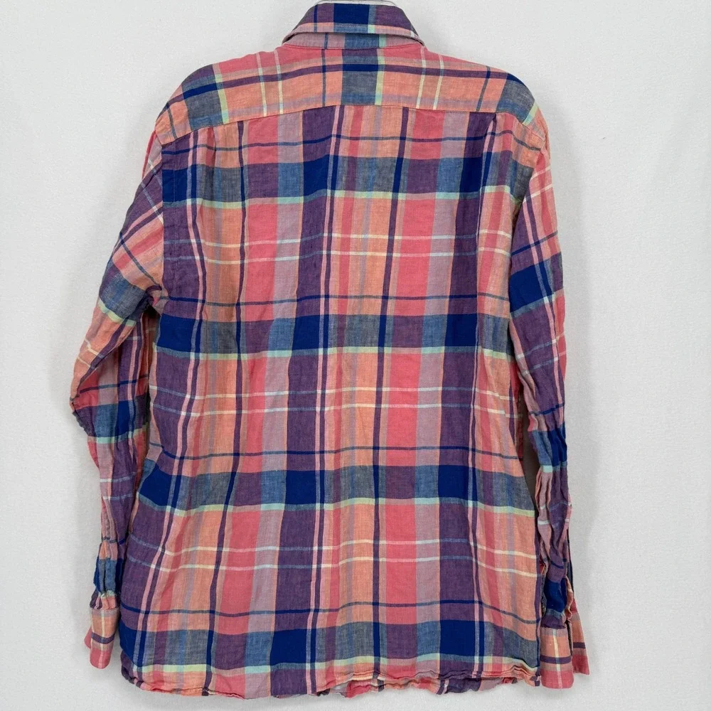 Cremieux Button Down Shirt‎ Mens Large Pink Blue Plaid 100% Linen Long Sleeve